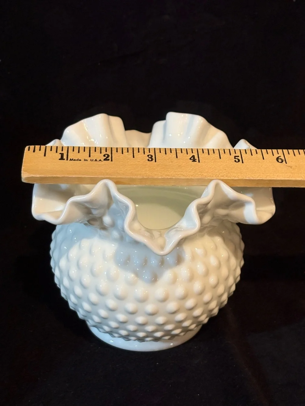 Vintage Fenton White Milk Glass Hobnail Double-crimped Ruffled Vase